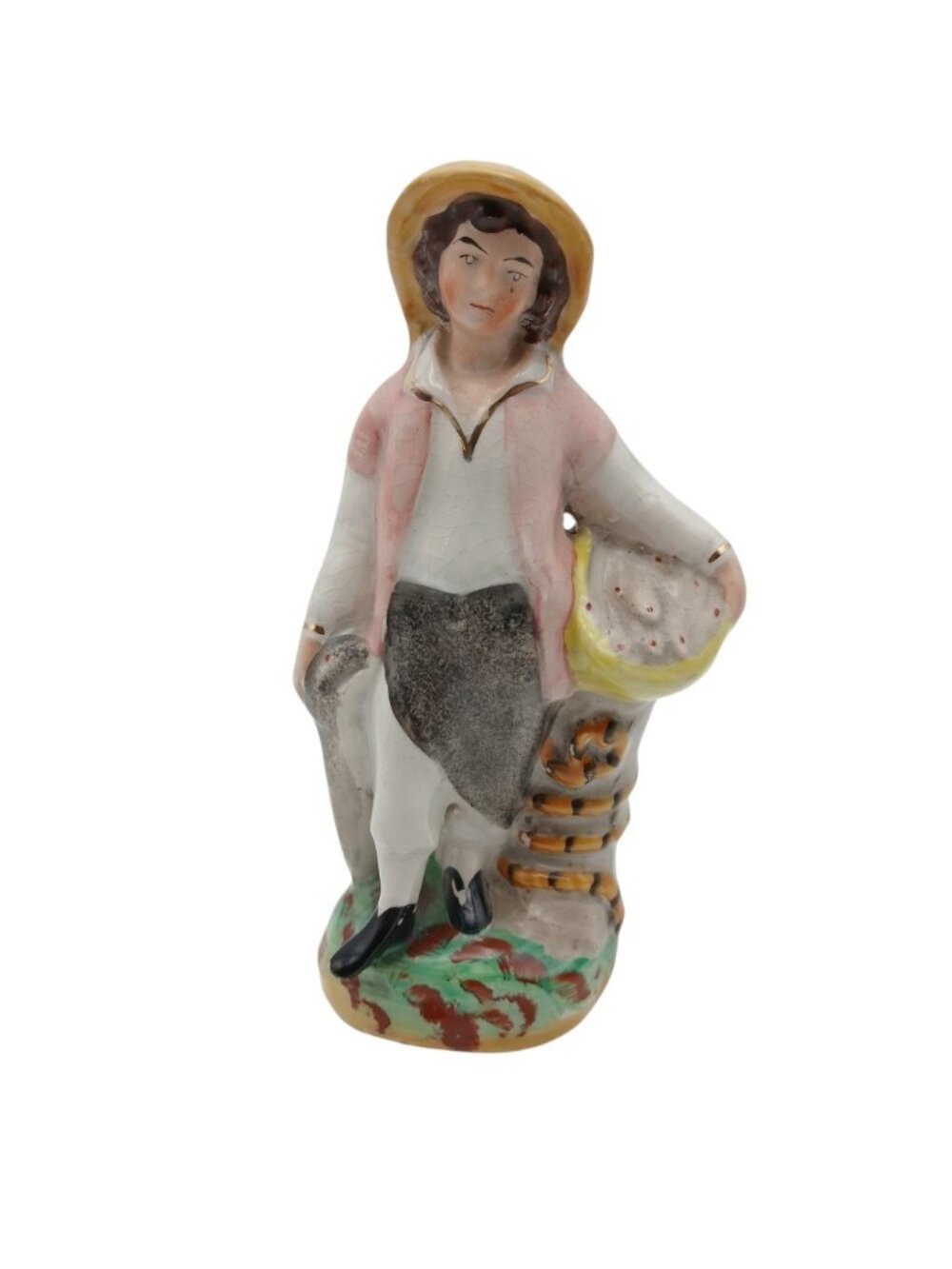 Vintage Staffordshire Style Fisherman Figurine  Glazed Pottery 8in